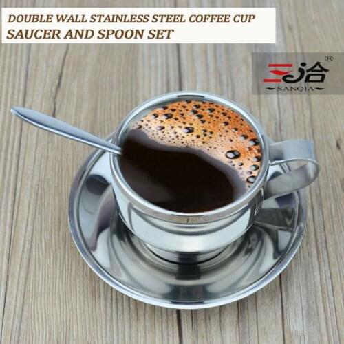 120ml high quality stainless steel coffee cup saucer and spoon set stainless steel double wall coffee mug
