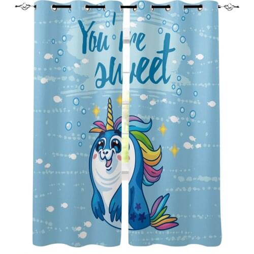 Sea Lion Stars Cartoon English Blue Window Treatments Curtains Valance Window Blinds Bedroom Curtains Kids Room Decor