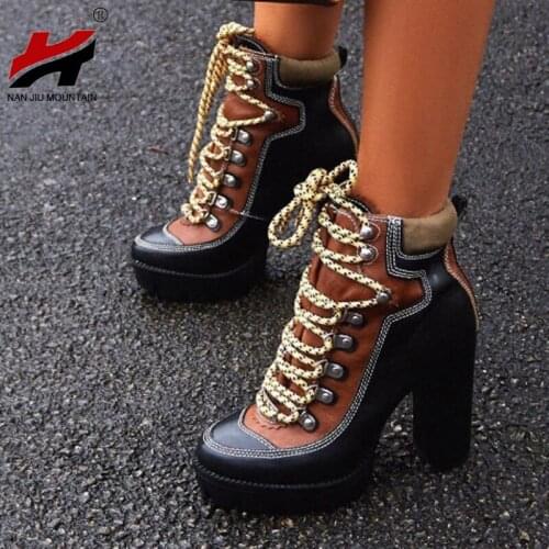 NAN JIU MOUNTAIN 2021 Womens Boots Autumn Ankle Boots High Heel Fashion Hit Color Lace Round Toe Outdoor Womens Shoes