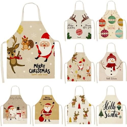 NEW Santa Snowman Deer Pattern Cotton Linen Apron Baking Accessories Female Apron Cooking Accessories Male Apron Kitchen Apron