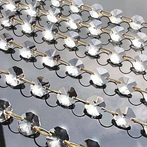 Clear (Gold Ring) 14mm Crystal Octagonal Bead Chain Garland Chandelier Lamp Part Curtain Craft Ornament Home