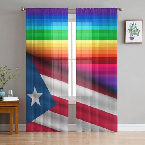 Puerto Rico Rainbow Same Sex Flag Sheer Curtains for Living Room Bedroom Kitchen Tulle for Windows Voile Drapes Home Decoration
