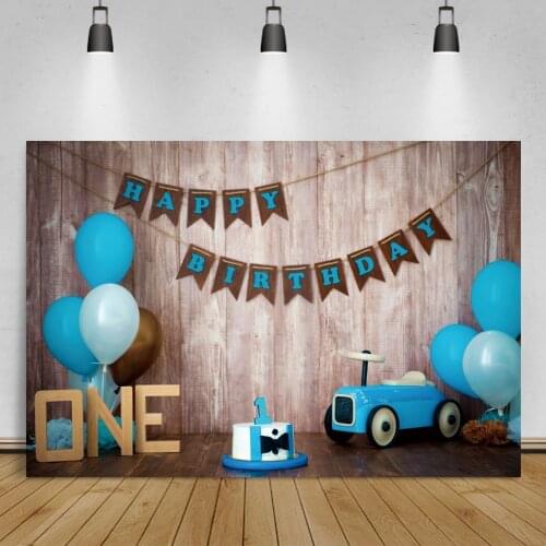 Laeacco Child One Birthday Scenic Background Banner Blue Balloons Cake Wooden Boards Baby Photographic Backdrop Photo Studio