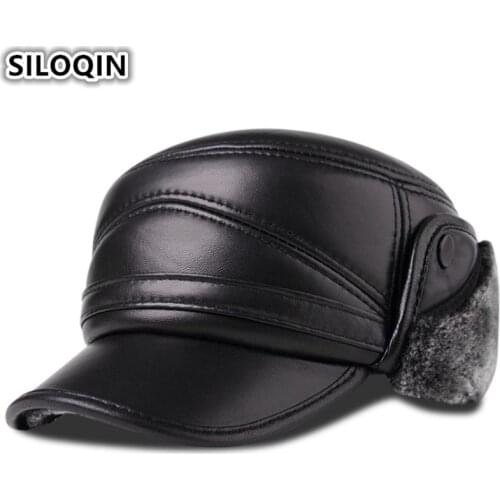 SILOQIN Genuine Leather Hat Winter Mens Military Hats Quality First Layer Sheep Skin Flat Cap Earmuffs Thicken Warm Dads Hats
