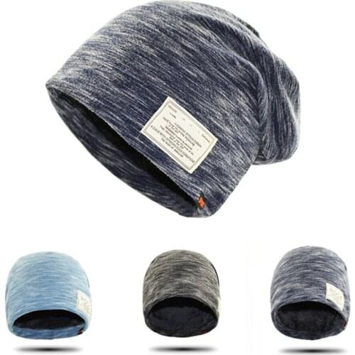 Hip Hop Cap Winter Solid Color Beanie ROCK Patch Fleece Lining Casual Men Hat Winter Ear Warmer Ear Cover Protector
