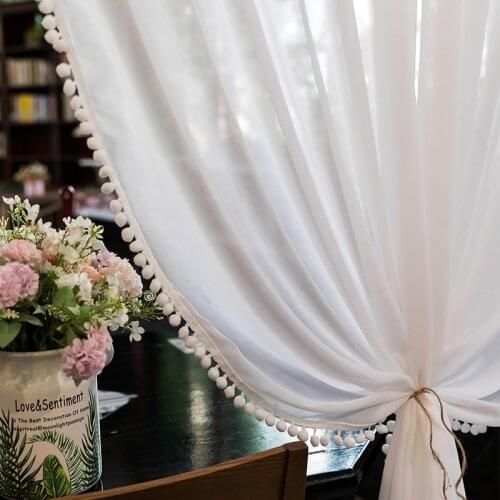 Fresh White Curtains with Pom Pom for Girls Bedroom Living Room Kitchen Curtain Drapes Door Curtains Window Voile Cortinas