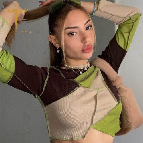 ULLAFLAMO Streetwear O-neck Long Sleeve Crop Tops Women Clothes 2021 Slim Patchwork Short T-shirts Femme Skinny Ribbed Tee-shirt