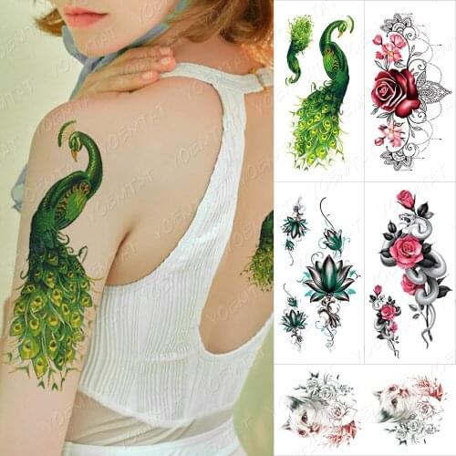 Waterproof Temporary Tattoo Sticker Peacock Cat Flowers Transfer Tattoos Snake Rose Dragon Body Art Arm Fake Sleeve Tatoo Women