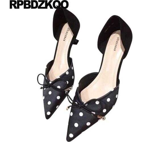 Pointed Toe Ladies Medium Heels Stiletto Pumps Polka Dot Satin Black Designer Women Luxury 2021 Shoes Pink Scarpin Fashion Bow
