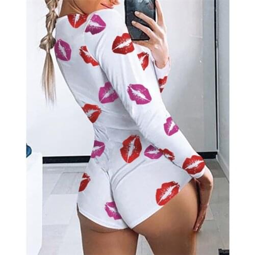 Womens Fashion Sexy V-Neck Long Sleeve Bodycon Casual Red lips Print Button Sleepwear Jumpsuits Shorts Romper Leotard Tops