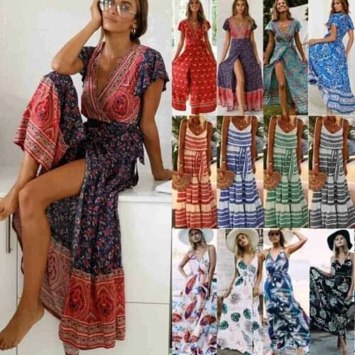 Summer Spring Women Dress Short Sleeved Floral Print Long Maxi Boho Dresses CA