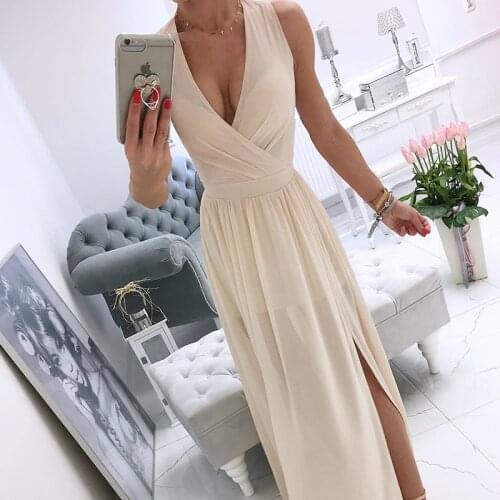 2021 Summer Solid Color Dress Deep V-Neck Sleeveless Beach Party Dresses Formal Ladies Elegant Chiffon Dress Vestidos De Fiesta