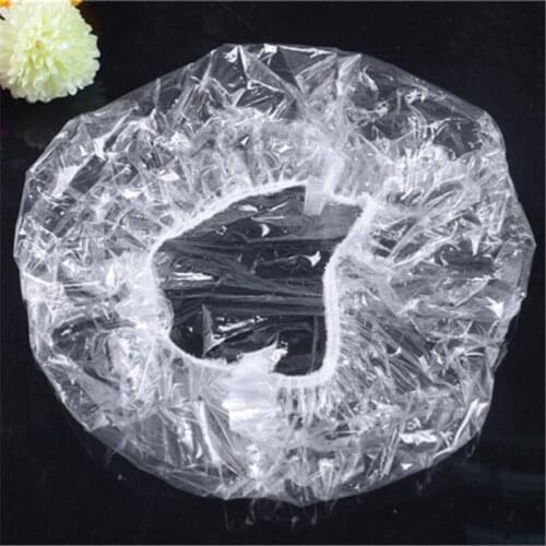 100PCs Disposable Elastic Transparent Shower Hair Cap Potable Plastic Bath Salon Spa Hat Clean Face Beauty Tool