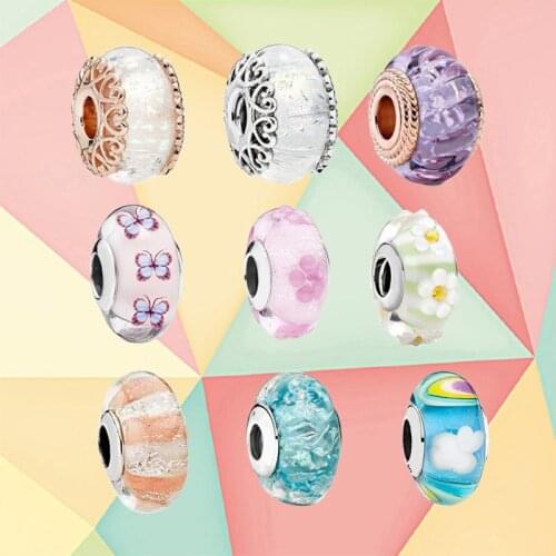 Kakany 2020 New High Quality 100% 925 Original Shiny Stripes Flower Glass Bead Charms Suitable For Diy Jewelry For Mothers Day