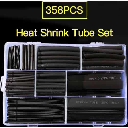 385pcs Black Polyolefin Shrinking Assorted Heat Shrink Tube Wire Cable Insulated Sleeving heat shrink tubing Set 385pcs