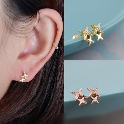 925 Sterling Silver Earring Simple Double Star Square Small Zircon Screw Stud Earring Sweet Ear Bone Nail Girl Women Ear Jewelr