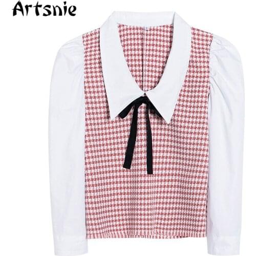 Artsnie Spring 2021 Vintage Plaid Blouse Women Turn Down Collar Puff Sleeve Bow Tops Streetwear Casual Ladies Blouses Blusas