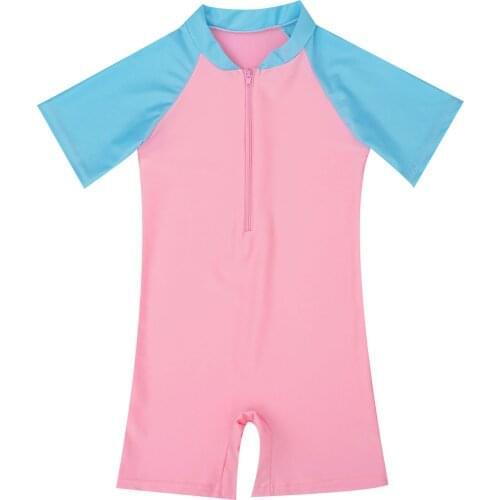 Summer Kids Girls Bodysuit One-Piece Swimsuit Short Sleeve Zipper Surf Suit Children Beach Playing Bathing Suit Swimwear