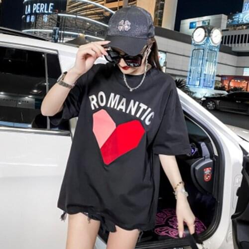 Heart Letter T Shirt Women Short Sleeve O-Neck Loose Tshirt 2021 Summer Tee Tops Short Sleeve Female Streetwear Tops