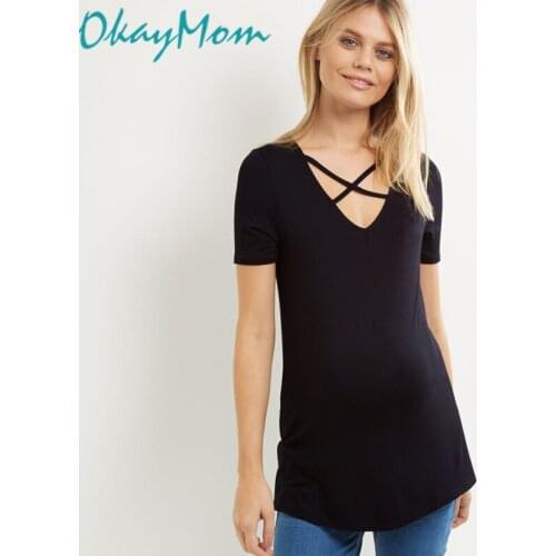 OkayMom Cotton Maternity t-shirt Pregnant Women Black Cross V Neck Tops Tees Clothes Summer Pregnancy Wear t shirt Clothing