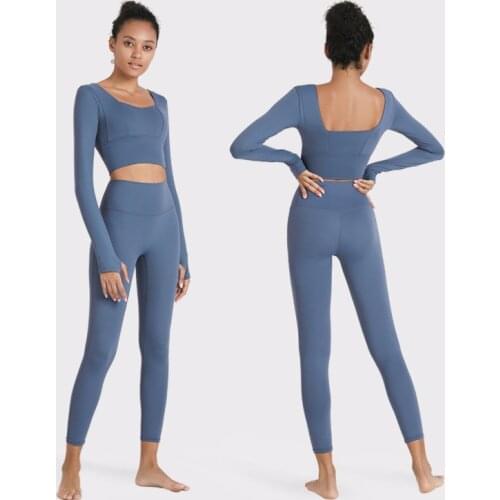 Yoga Set Womens Sportswear Seamless Gym Clothing Fitness Leggings+Cropped Shirts Sport Suit Long Sleeve Tracksuit Active Wear