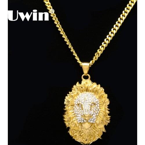 Cool Mens Gold Color Stainless Steel Lion Rhinestone Face Pendant With 5mm Cuban Chain Necklace Hip Hop Jewelry Best Gift