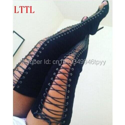Hot sale Women Gladiator Thigh High Boots Peep Toe High Heels Cut-outs Lace-up Boots Fashion Women Shoes