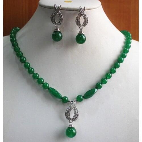 Fashion 8mm Green/Jades Silver Plated Dangle Earring Necklace Pendant Jewelry Set