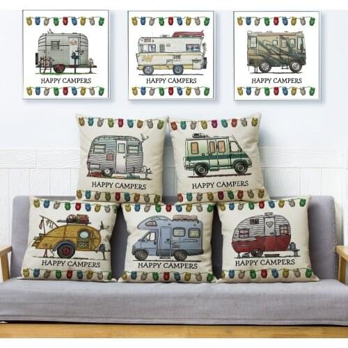 Cartoon Happy Campers Car Cushion Cover Decor Linen Cotton 45*45cm Pillow Owl Pillow Case for Sofa Home Living Room