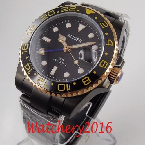 40mm BLIGER Black Dial Sapphire Date GMT PVD Luminous Automatic mens Watch