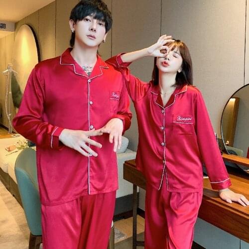 New Hot Couple Pajamas for Lovers Spring and Autumn Long-sleeved Couple Pajamas Women Cute Thin Ice Silk Mens Silk Home Service