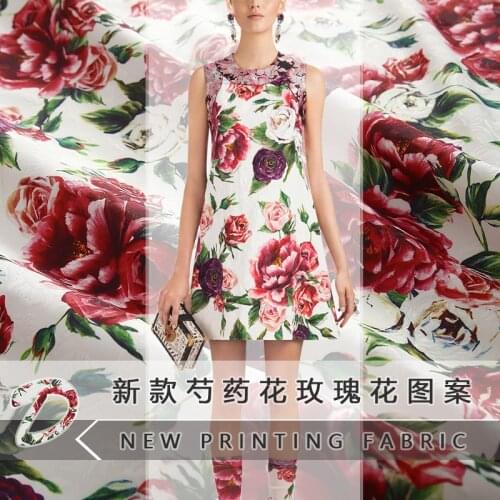 2018 new brand peony flower rose pattern leaf jacquard fabric digital printing cloth fabric for dress factory direct sales