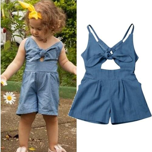1-6Y Kids Baby Girls Solid One-piece Romper Blue Bow Belt Backless Jumpsuit Outfits Summer Clothes