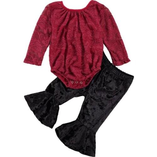 Baby Girls Autumn Clothes Set Lace Flower Long Sleeve Round Collar Romper Velvet Flare Long Pants Toddler Set for Spring Autumn