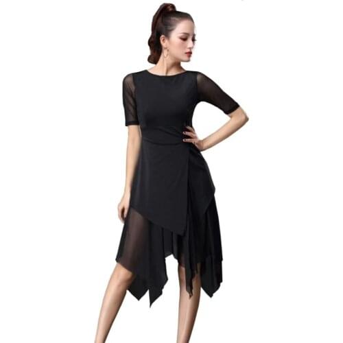New Fashion Sexy Mesh Short-sleeve Latin Dance Tassel One-piece Dress For Women/female, Ballroom Tango Cha Cha Rumba Costumes