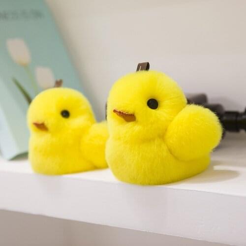 Fluffy Cute Yellow Little Duck Charm Keychain Puffy Real Rex Rabbit Fur Pompom Keychain Bag Ornament Toys Trinket Accessories