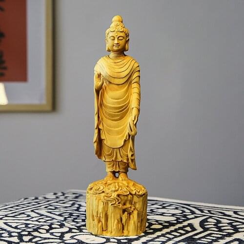 Boxwood 20cm Shakyamuni Buddha Sculpture Wood Buddha Statue Home Feng Shui Worship Home Decor