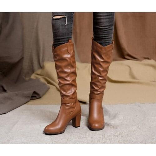 2020 new European and American boots no over knee boots boots boots 40-47 large round head thick heel high boots