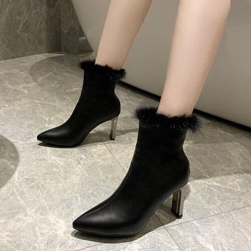 Autumn winter new skinny heel pointed leather short boots female mink fashion boots high heel temperament female boots