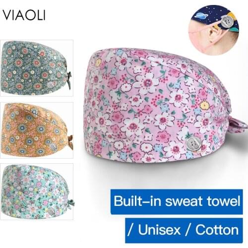 Viaoli flower printing beauty spa uniform work cap High Quality Caps Scrubs Cap Breathable Adjustable Elastic size Hat Scrub Cap