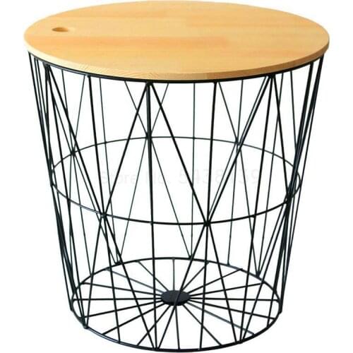 600 Ins Nordic wrought iron hamper dirty clothes storage basket coffee table bedside table storage basket solid wood with cover