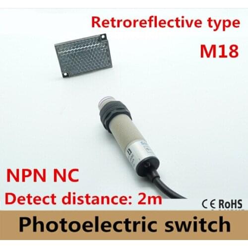 Retroreflective type M18 NPN NC DC 3 wires photoelectric sensor switch with mirror reflector, detect distance 2m CE approval