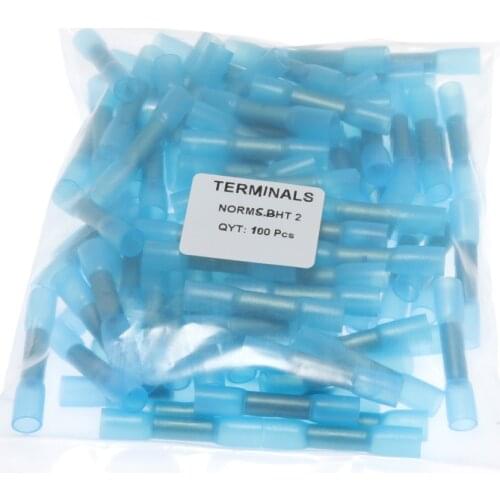 100pcs Blue BHT2 16-14 AWG 1.5-2.5mm2 Heat Shrinkable Butt Waterproof Connector Splice Butt Heat Shrink Tube Joint and Connector