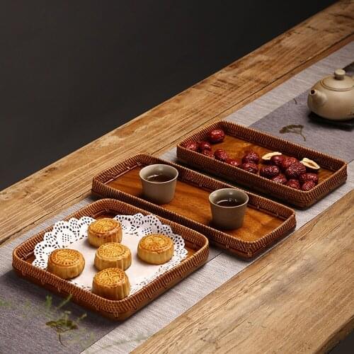 Solid Walnut Wood Square Storage Plate With Rattan Border For Dessert Nuts Creative Japanese Style Wooden Tea Cup Tea Pot Tray