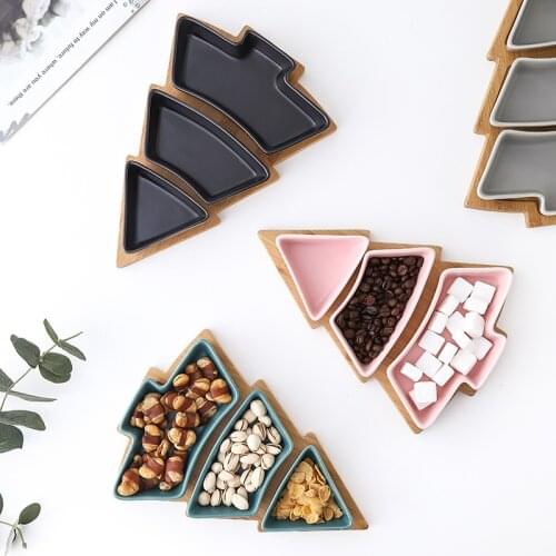Creative Christmas tree ceramic snack plate with bamboo plate Christmas tree shaped plate dessert fruit plate candy plate