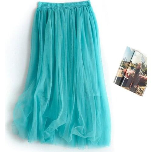 Korean Women 2 Layers Yarn Tulle Skirts Womens Midi Pleated Skirt Tulle Skirts Spring Summer Elastic High Waist Mesh Tutu Skirt