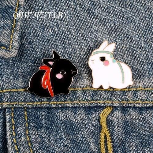 QIHE JEWELRY Couple Black White Rabbit Enamel Pins Cartoon Cute Brooches Badges Valentines Day Present for Lover Wholesale Pins