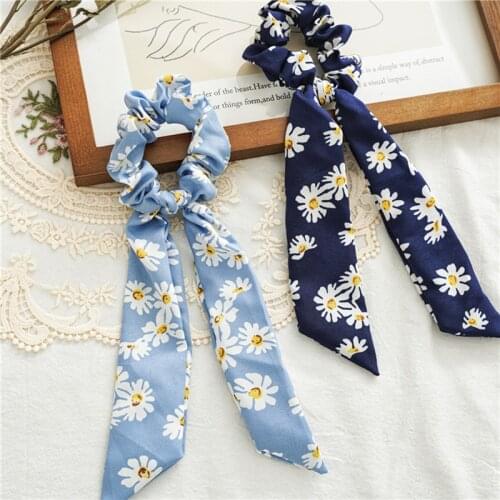 Daisy Floral Printed Women Hair Scrunchies Long Hair bows Woman Girls Ponytail Holder Scarf Elastic Hair Accessories Headwear