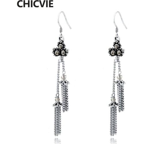 CHICVIE Brand Crystal Drop Earrings For Women Vintage Silver Color Tassel Earrings Fashion Statement Jewelry Gifts SER160133