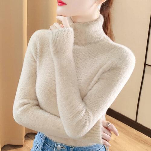 Sweaters Womens Plus Size Knit 2021 Winter Knitted Imitation Mink Fur Turtleneck Candy Color Warm Jumper Jerseys Sweater Woman